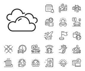 Clouds sign. Plane jet, travel map and baggage claim outline icons. Cloudy weather line icon. Sky symbol. Cloudy weather line sign. Car rental, taxi transport icon. Place location. Vector