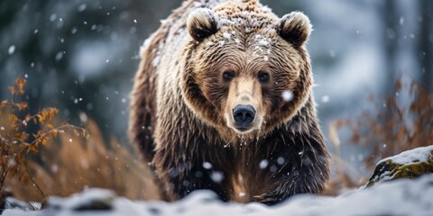 a image grizzly bear waling snowstorm, AI Generative - obrazy, fototapety, plakaty