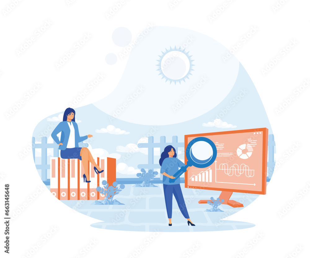 Poster people characters working with data visualization, analyzing tables, charts and graphs at business d
