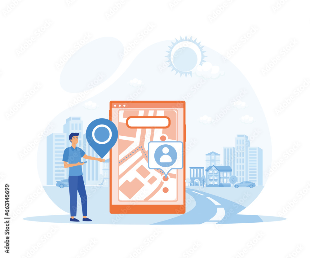 Poster set geolocation concept with tiny male and female characters searching route and looking on map onli