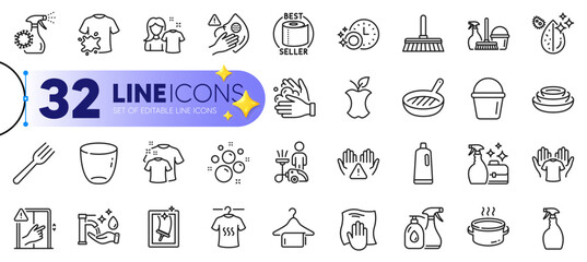 Outline set of Clean hands, Glass and Dirty t-shirt line icons for web with Dry t-shirt, Clean bubbles, Fork thin icon. Dont touch, Washing cloth, Coronavirus spray pictogram icon. Vector
