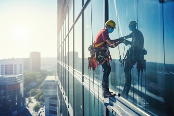 Professional industrial climber in helmet and rubber gloves washes windows on a tall building. - obrazy, fototapety, plakaty