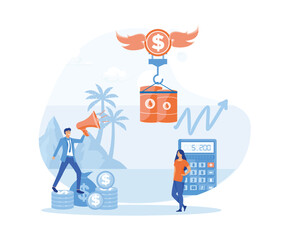 tiny people standing on pile of money coins, gold dollar balloon rising barrel high, global increase and management of crude oil cost in stock market. flat vector modern illustration