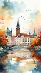 Cityline watercolor painting landscape abstract old european city background white, autumn print poster vertical