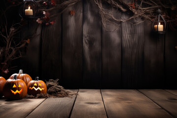 empty wooden table spooky halloween background with empty wooden boards with pumpkins