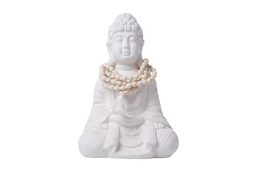PNG, White Buddha statue and beads, isolated on white background