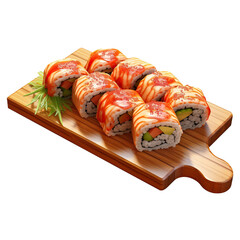 fresh sushi rolls on wooden board isolated on a transparent background