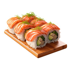 fresh sushi rolls on wooden board isolated on a transparent background