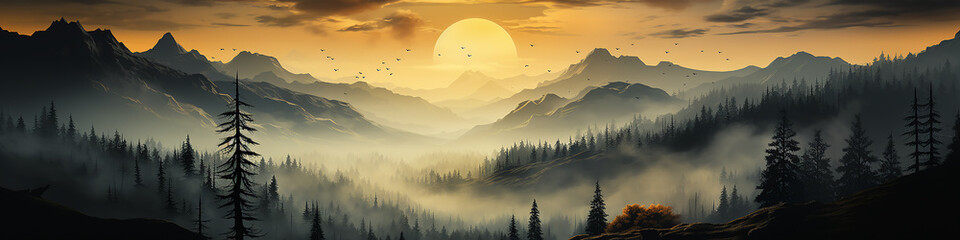 long panorama silhouettes of  the autumn fog at sunset, freedom and silence of nature wild forest in sunset colors