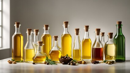 A collection of glass bottles filled with various organic cooking oils