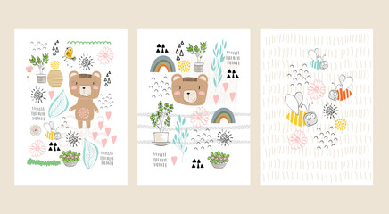 Vector arrangement with bear. Woodland decoration on a white background. Nursery poster.