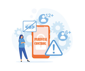 Parental control software. Blocked, prohibited or inappropriate content for kids. Access restrict online. Safe internet. flat vector modern illustration - obrazy, fototapety, plakaty