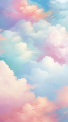 Fototapeta na wymiar high narrow watercolor cumulus clouds light abstract background gentle pastel soft color pink white and blue painting