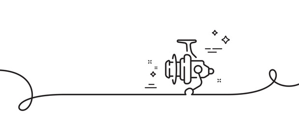 Fishing reel line icon. Continuous one line with curl. Fisherman coil sign. Spinning equipment symbol. Fishing reel single outline ribbon. Loop curve pattern. Vector