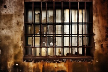 Dirty, stained jail window. Generative AI