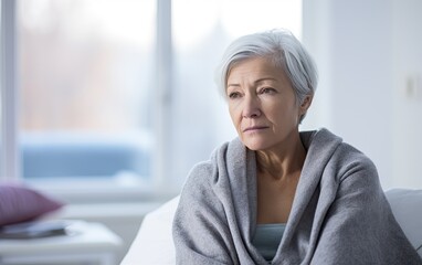 Fototapeta premium Senior sad woman wearing headscarf, suffering from bone cancer sitting alone at a hospital