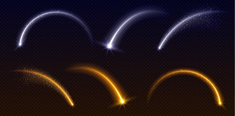 Star shooting arc light with magic beam sparkle. Neon curve arch line with glitter shine. Glowing celebration overlay element. Transparent swirl set with dust splatter tail in gold and blue. © klyaksun