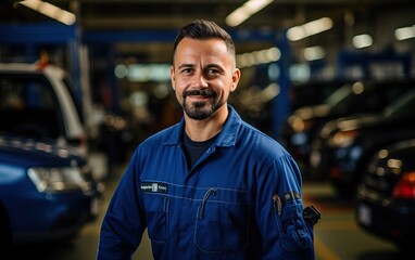 Fototapeta premium man examining car engine. Auto mechanic working in garage.Car Mechanic Detailed Vehicle Inspection. Auto Service Center Theme.