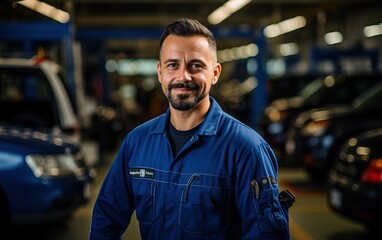 man examining car engine. Auto mechanic working in garage.Car Mechanic Detailed Vehicle Inspection. Auto Service Center Theme.