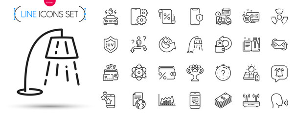 Pack of Wifi, Winner cup and Smartphone protection line icons. Include Delivery, Recipe book, Dollar pictogram icons. Chemical hazard, Money, 5g internet signs. Atom, Infographic graph. Vector