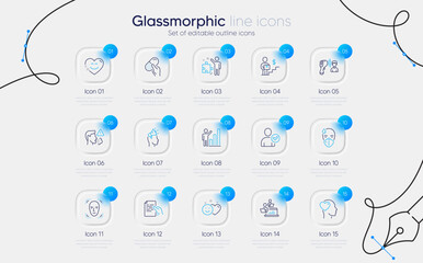 Set of Smile chat, Hold document and Teamwork line icons for web app. Cough, Sick man, Identity confirmed icons. Electronic thermometer, Smile, Face detection signs. Friend, Capsule pill. Vector