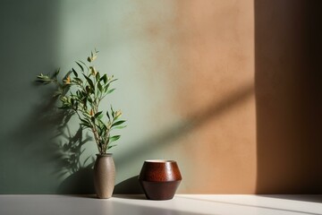 a wall with a green and brown color scheme and a plant. Generative AI