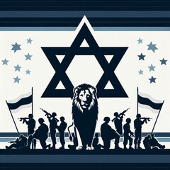 Generative AI image of a lion and Israeli soldiers over a flag of Israel as a background