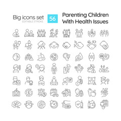 Editable black simple thin line big icons set representing parenting children, isolated vector, linear illustration.