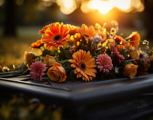 A beautifully arranged cascade-style bouquet of red, orange, and yellow flowers resting gently on a grave