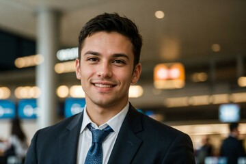 Fototapeta premium Young portrait of a businessman smiling in the airport background