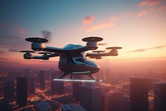 A Futuristic Air Taxi Takes Off At Dawn. A View Of An Unmanned Passenger Drone. 3D Rendering. Generative AI