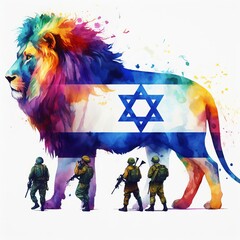 Generative AI image of a lion and Israeli soldiers over a flag of Israel as a background