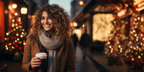 Outdoor portrait of beautiful smiling young woman with coffee at winter city street. Winter fashion, Christmas holidays concept. Copy space, banner
