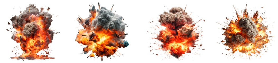Set of Fiery bomb explosion with smoke, Elements for design isolated on white and transparent background