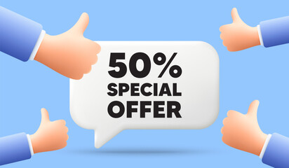 50 percent discount offer tag. 3d speech bubble banner with like hands. Sale price promo sign. Special offer symbol. Discount chat speech message. 3d offer talk box. Vector