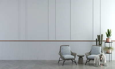 Two armchairs in room with white wall background. Scandinavian style interior design of modern living room.