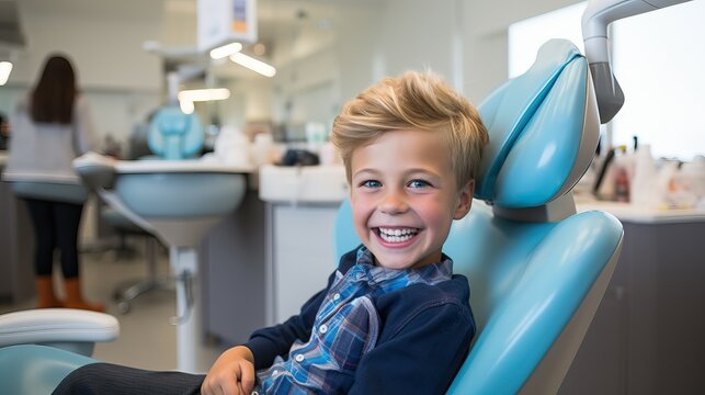 Cute young boy visiting dentist, having his teeth checked by female dentist in dental office