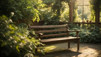 A cozy corner in your garden with a wooden bench surrounded by lush greenery.