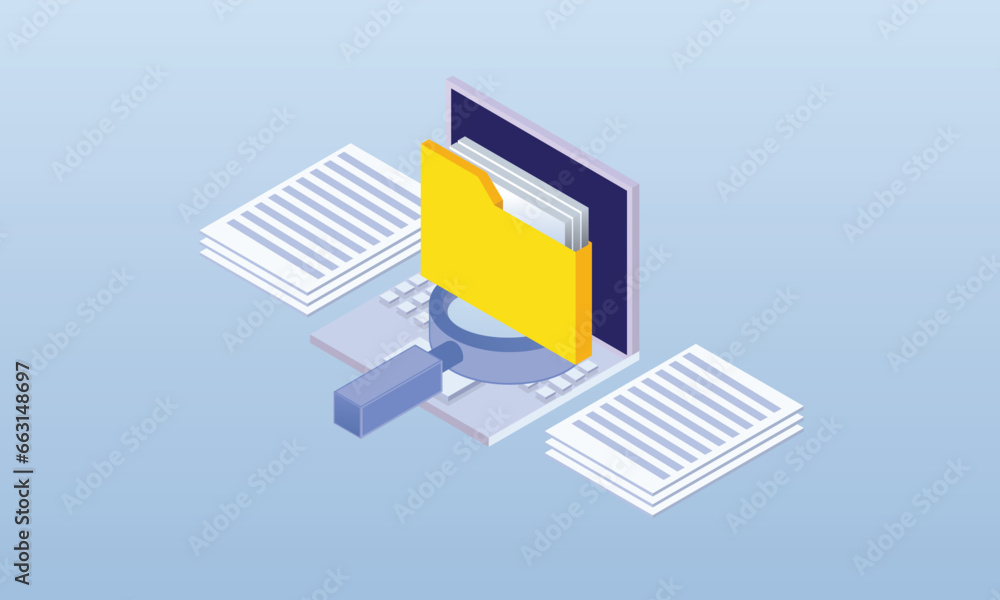 Poster searching for document data in isometric.on blue background.3d design.isometric vector design illust