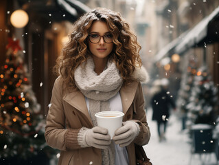 Beautiful smiling young woman with hot tea walking at winter city street. Winter fashion, Christmas holidays concept. Copy space