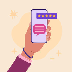 Hand holding smartphone with review 5 stars rating on screen. Online consumer feedback satisfaction survey concept. Hand drawn vector illustration isolated on light background, flat cartoon style.