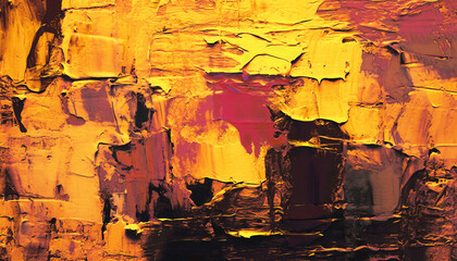 Obraz na płótnie Canvas Abstract oil painting, gold yellow, pink, black brush strokes background, wallpaper, paint texture, bold art, expressive artwork, fine realistic detail, modern style, evoking vibrant emotions, feeling