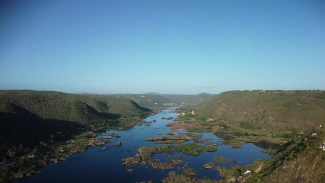 Aerial view of the stretch of the Sao Francisco River after the Xingo dam in Piranhas, Brazil