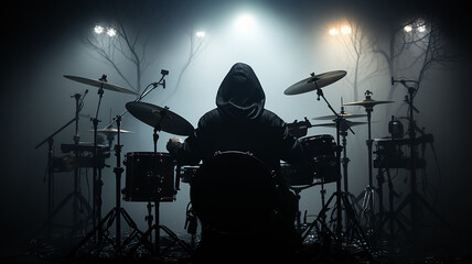 silhouette of a drummer behind a drum kit in a dark environment of stage lighting and fog
