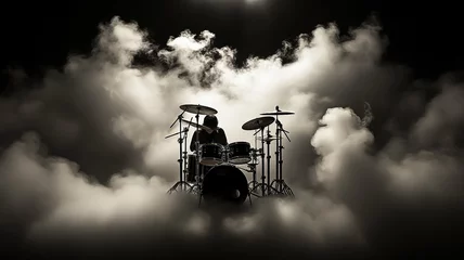 Fotobehang silhouette of a drummer behind a drum kit in a dark environment of stage lighting and fog © kichigin19