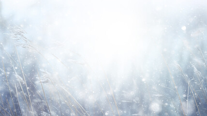 beautiful winter background, blurred snowfall in the field, dry blades of grass covered with snow and frost, nature - obrazy, fototapety, plakaty