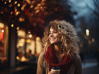Outdoor portrait of beautiful smiling young woman with coffee at winter evening city street. Winter fashion, Christmas holidays concept. Copy space for text