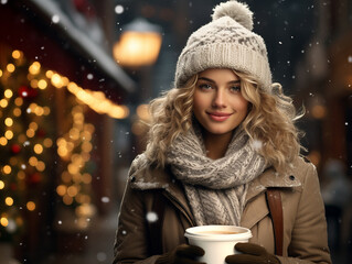 Outdoor portrait of beautiful smiling young woman with coffee at winter city street. Winter fashion, Christmas holidays concept. Copy space for your text