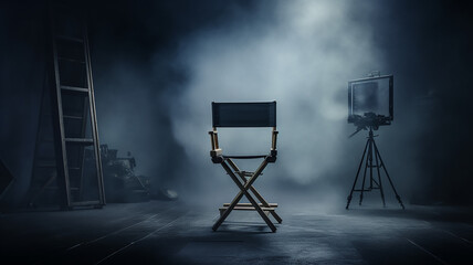 director's place, a lonely chair in the stage smoke on a dark background, the concept of cinema, management, loneliness - obrazy, fototapety, plakaty