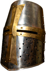 Medieval knight's helmet on transparent background, high resolution png, bronze age armor asset